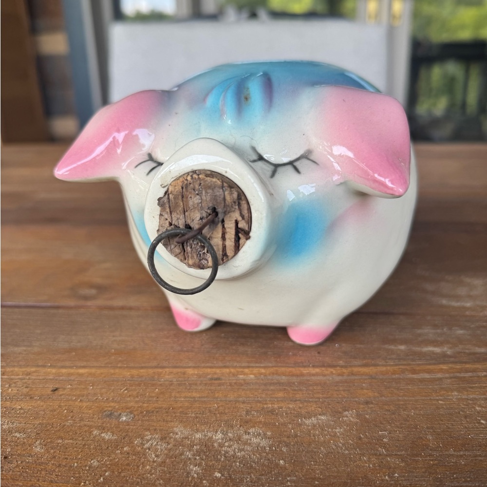 Hull Pottery Ceramic Corky Pig Piggy Bank Pink & Blue Accents..Offers welcome!